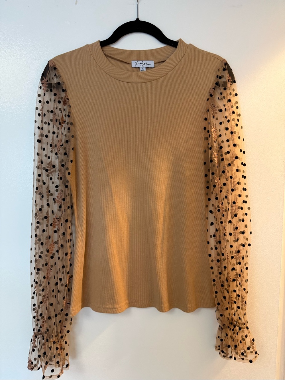 Polagram Mustard Knit Top with Black Polka Dot Mesh Sleeves
